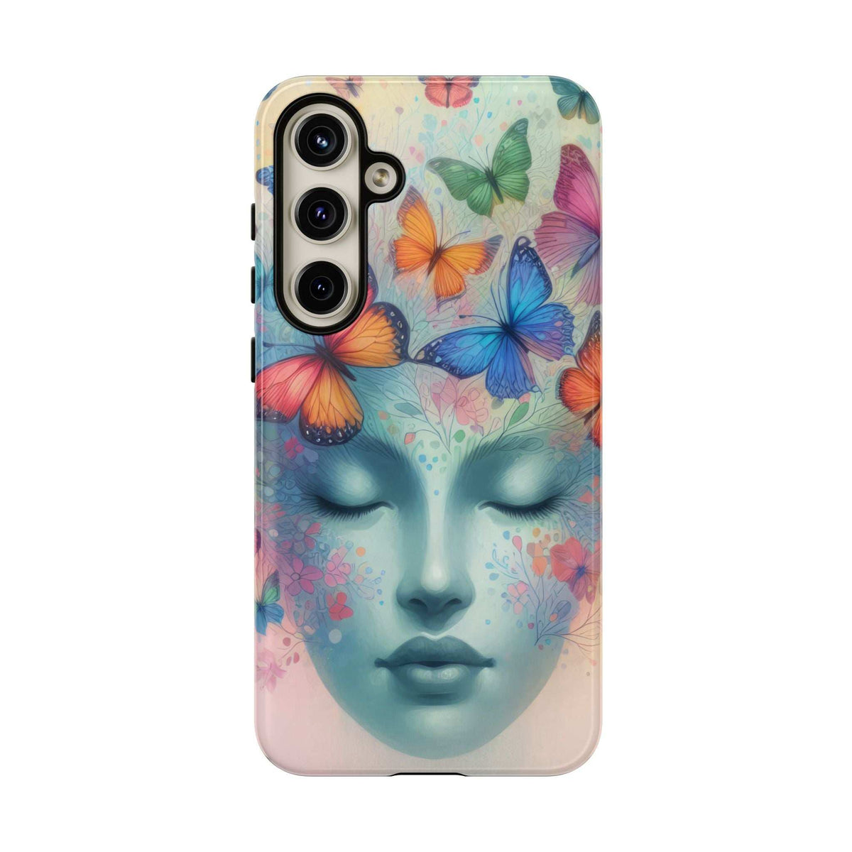 Phone case with teal-blue face artwork and colorful butterflies, smooth glossy back.