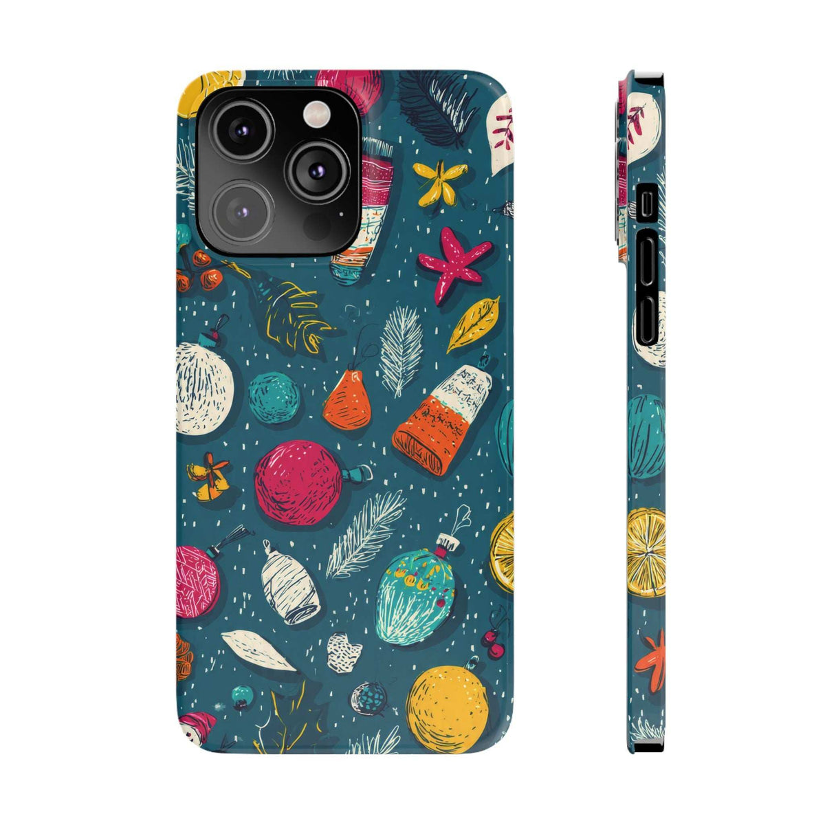 Winter Joy phone case with teal winter pattern; side buttons and port cutouts visible