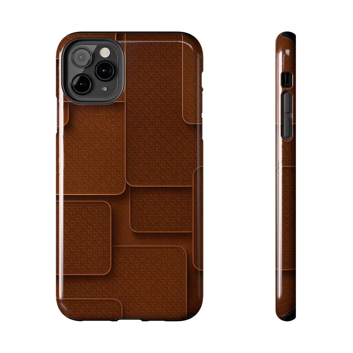 Brown textured phone case with geometric design and visible port and button openings.