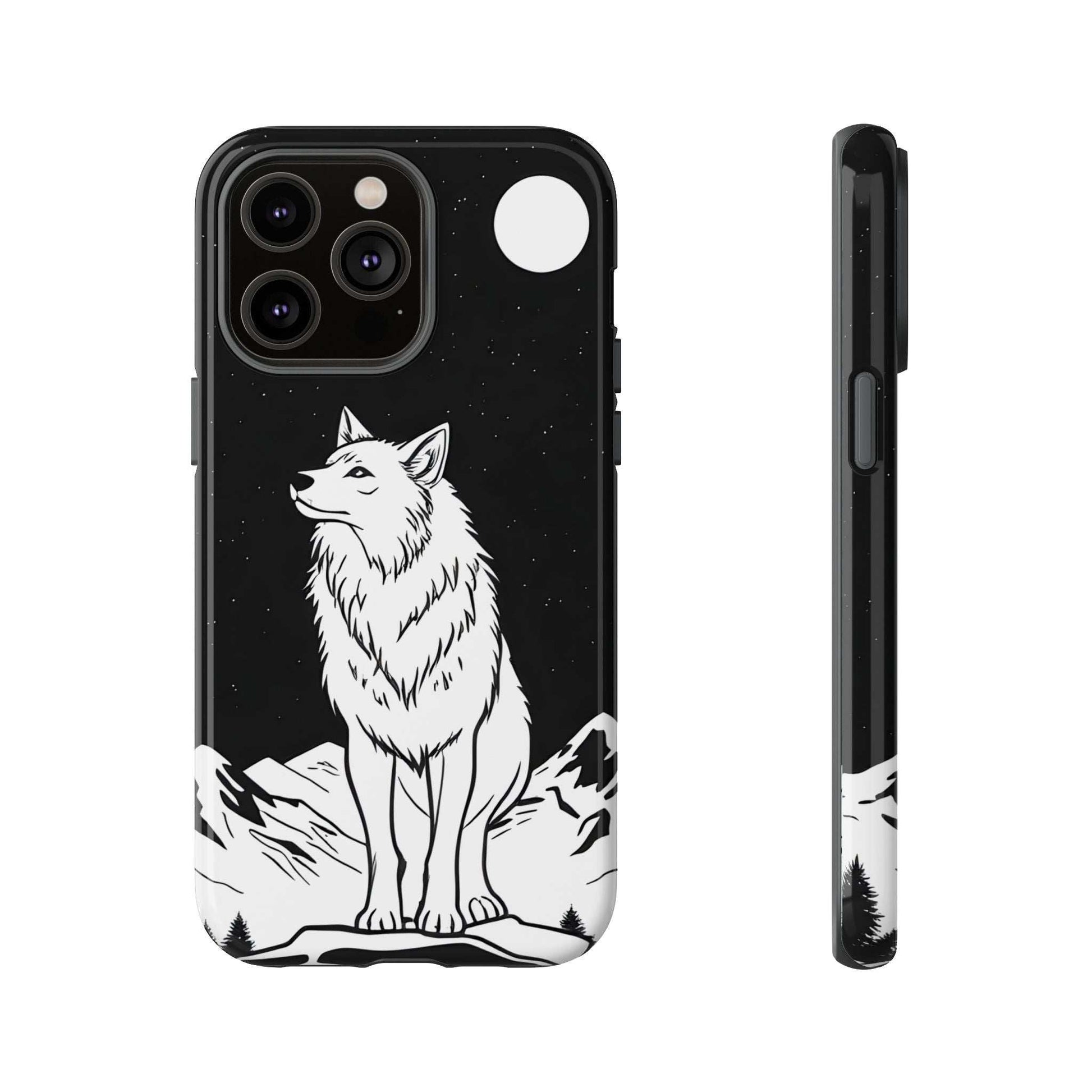 Black phone case with white wolf graphic, star-speckle background, camera cutouts, side view