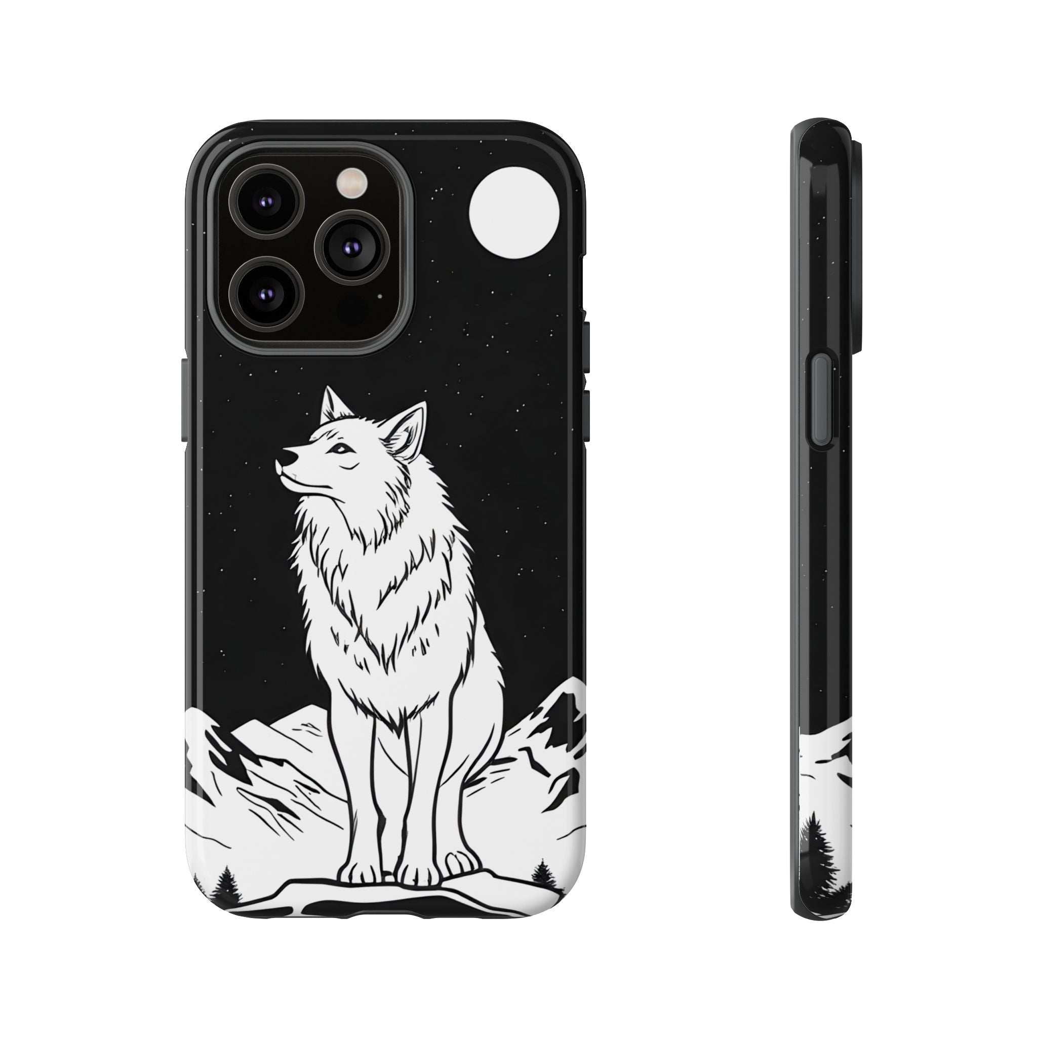 Black phone case with white wolf graphic, star-speckle background, camera cutouts, side view