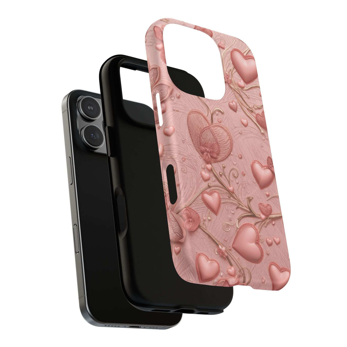 Pink phone case featuring raised hearts and blossoms, with camera lens cutout