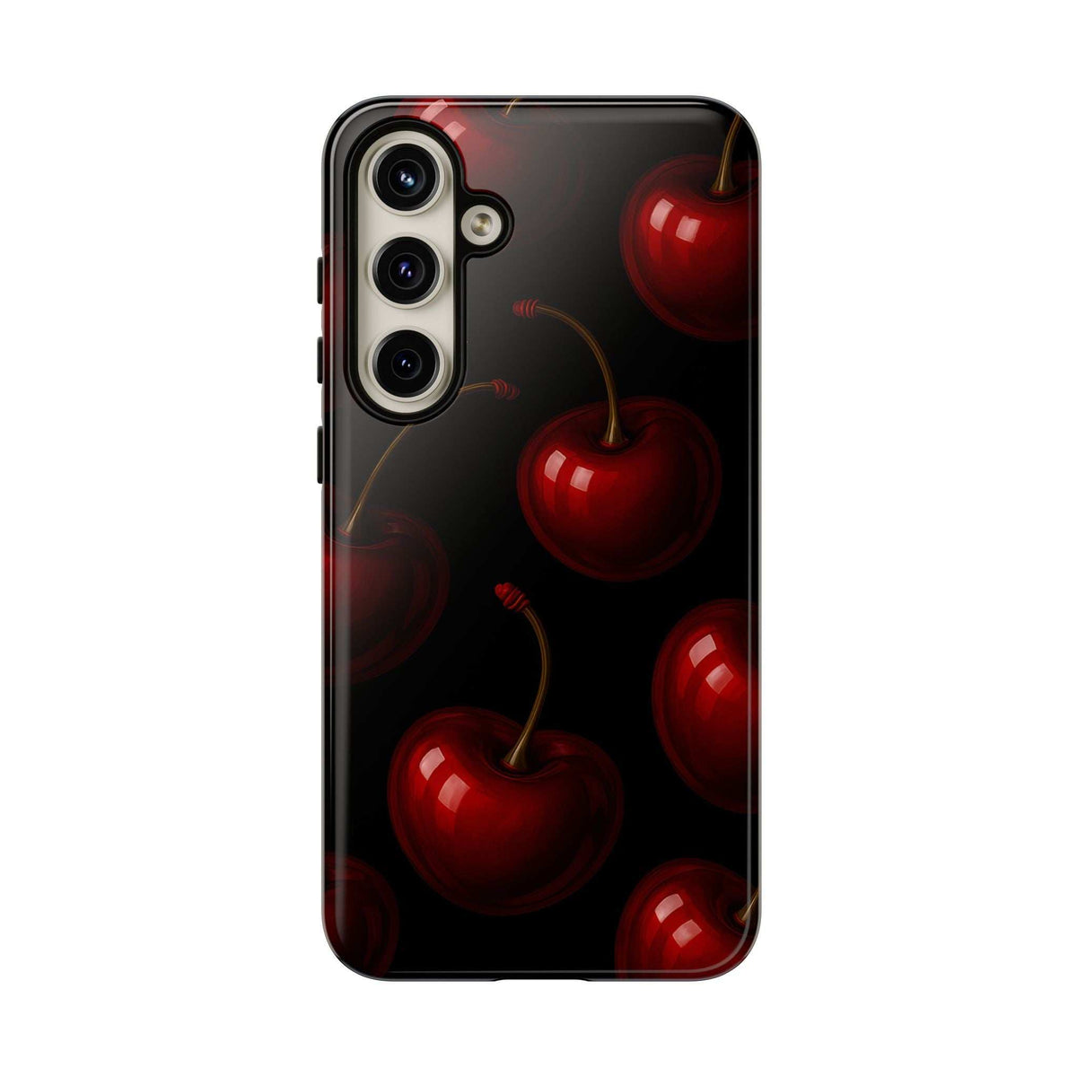 Cherry phone case with glossy finish, black background with red cherries, side buttons and camera cutout.