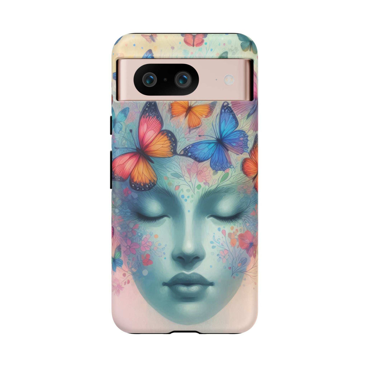 Butterfly face phone case with camera bar cutout, pastel blue and pink floral butterfly artwork