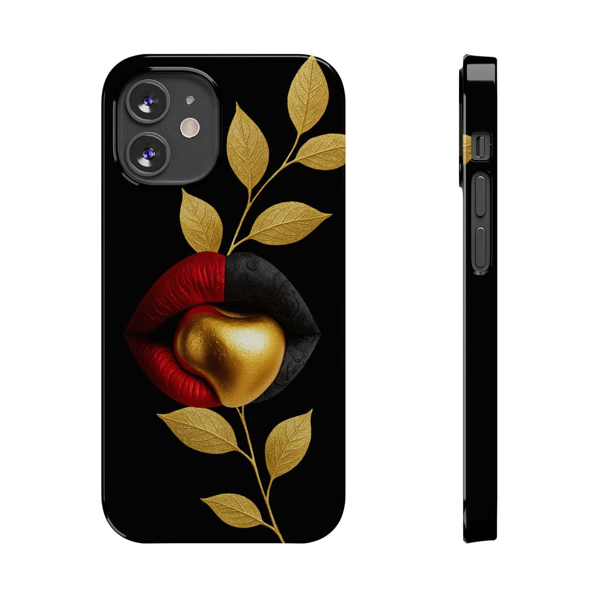 Black iPhone phone case with gold leaf and red lips artwork; side cutouts for buttons and ports