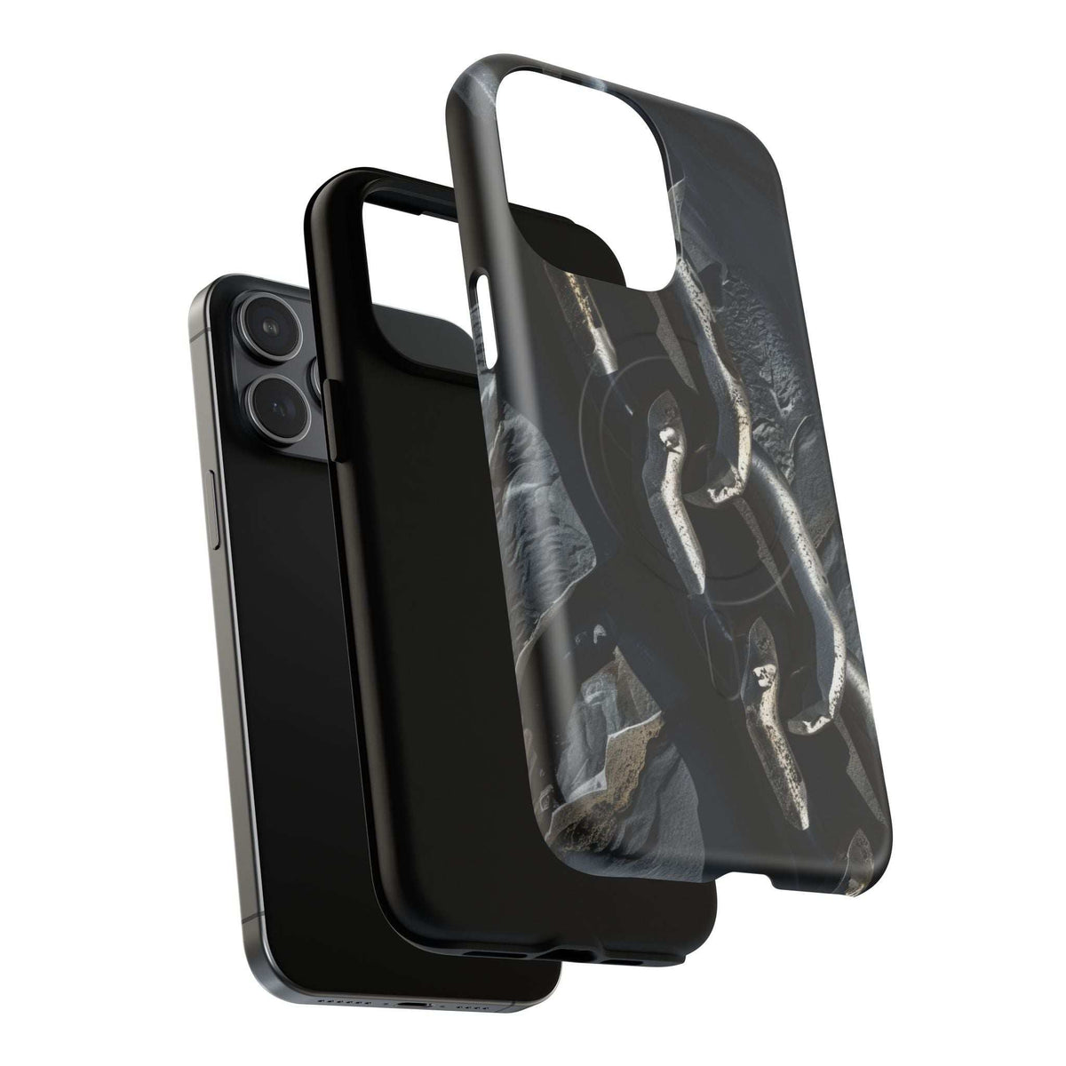 Magnetic phone case with iron chain graphic, dark finish, raised frame and cutouts