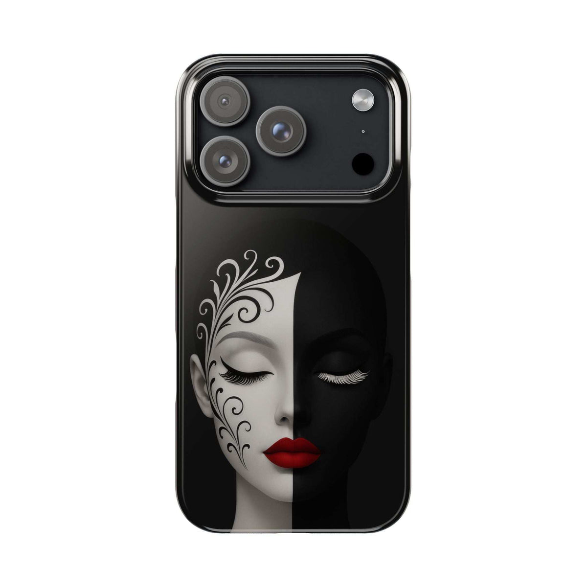 Black phone case with split-face artwork, closed eyes, red lips, and decorative swirls; top visible