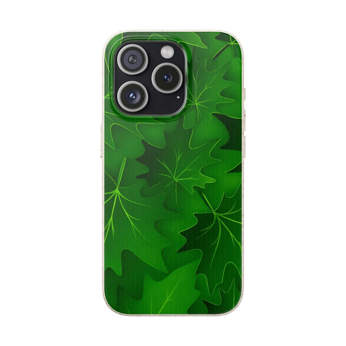 Green phone case featuring botanical leaves pattern with triple camera cutout