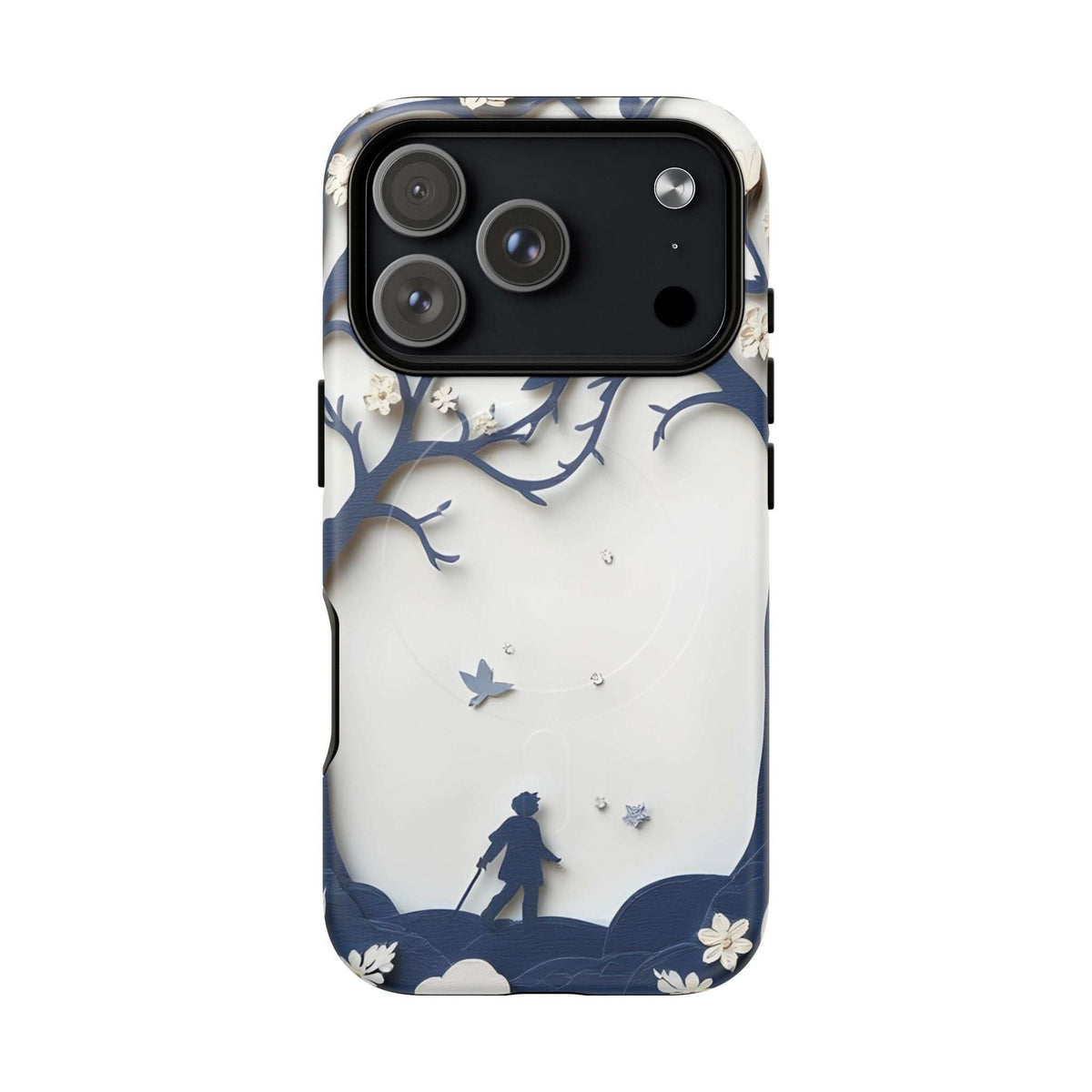 Phone case with blue nature silhouette print, tree branches, flowers, and camera cutouts