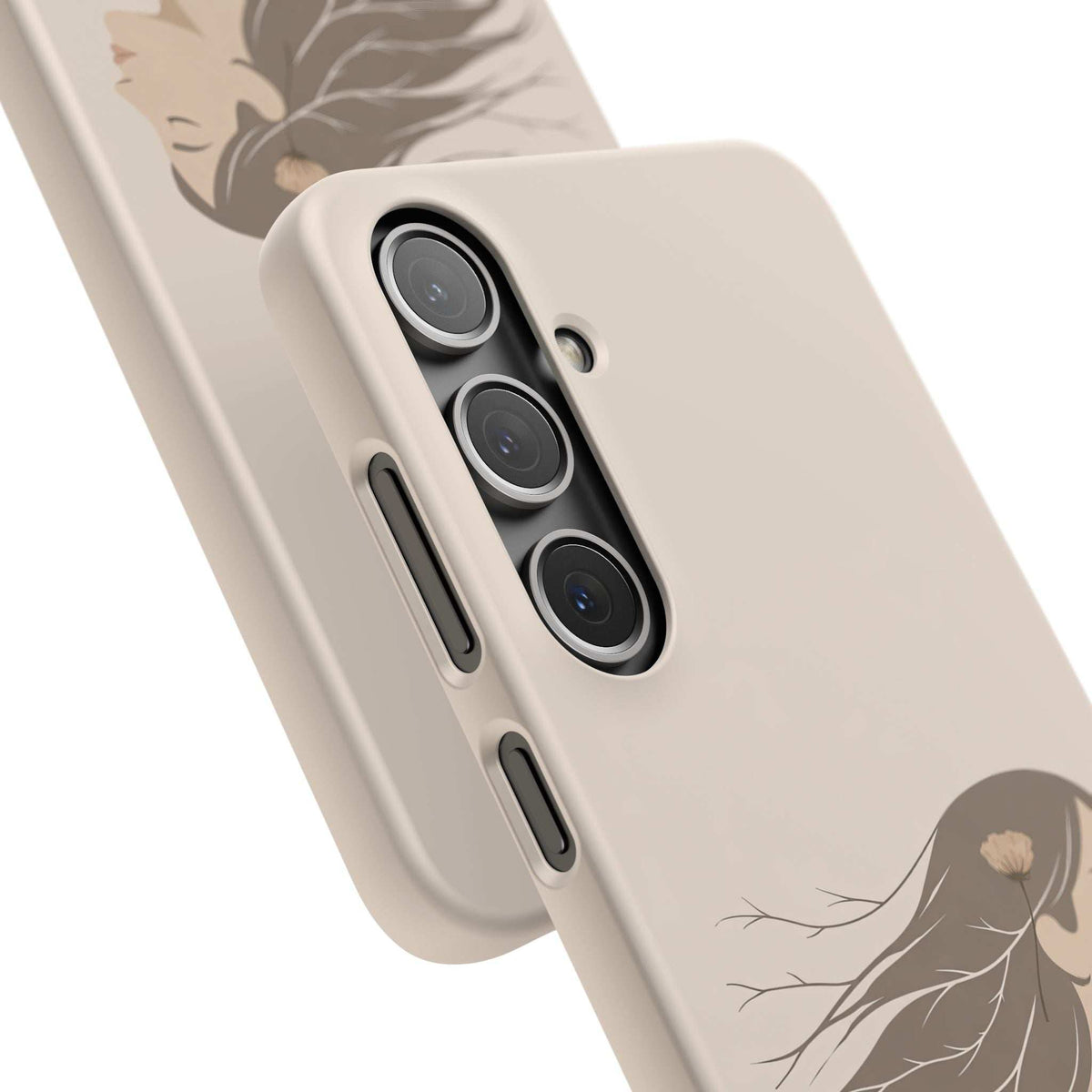 Cream phone case angled view with raised camera openings and long side button slots.