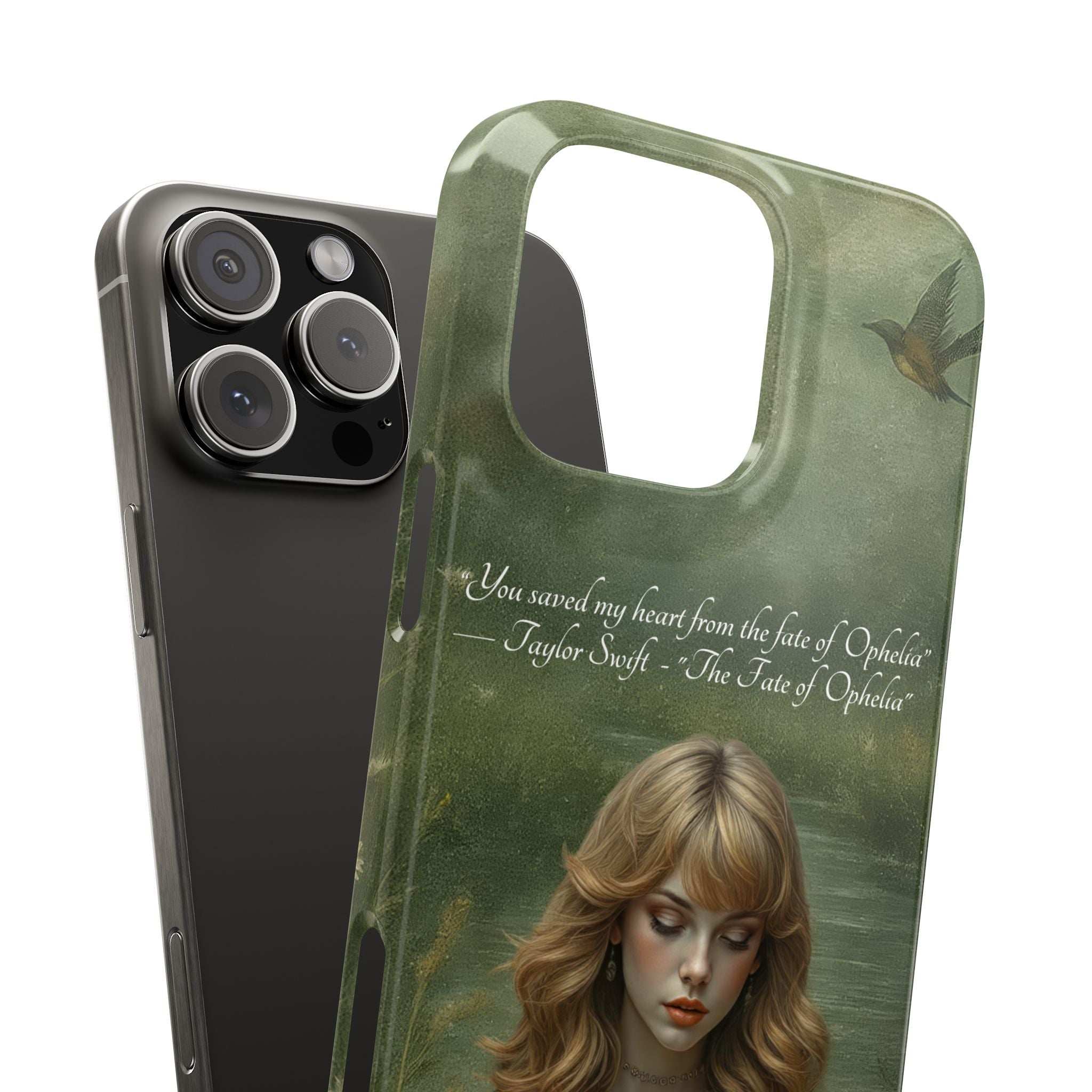 Green illustrated phone case with portrait woman, bird, and poem text; cutouts for iPhone cameras
