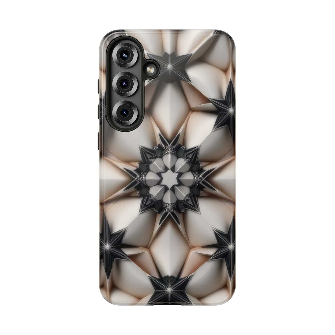 Tough phone case with glossy kaleidoscope star pattern in black and light beige