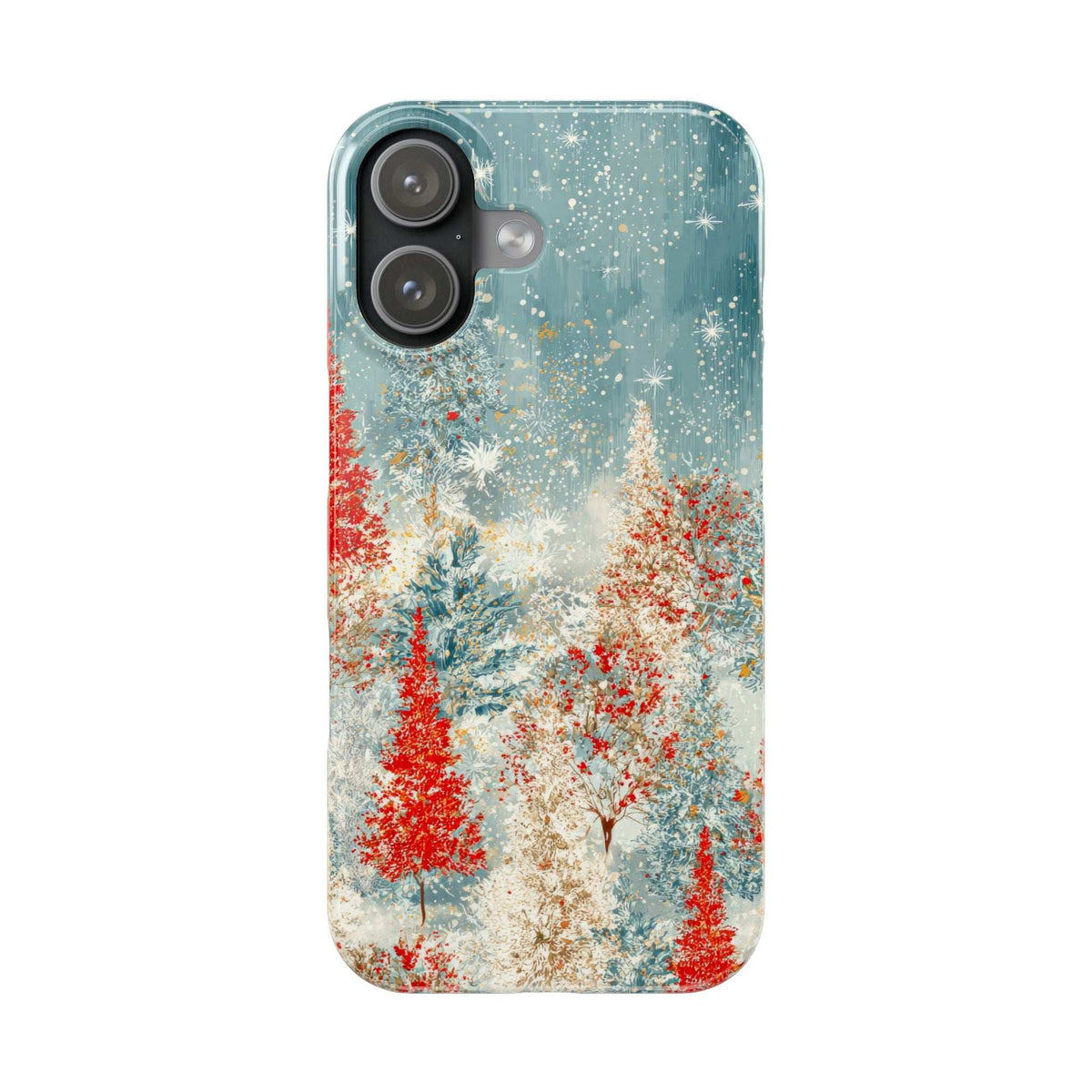 Snowy forest phone case, blue snowy print with red tree accents, camera lens openings