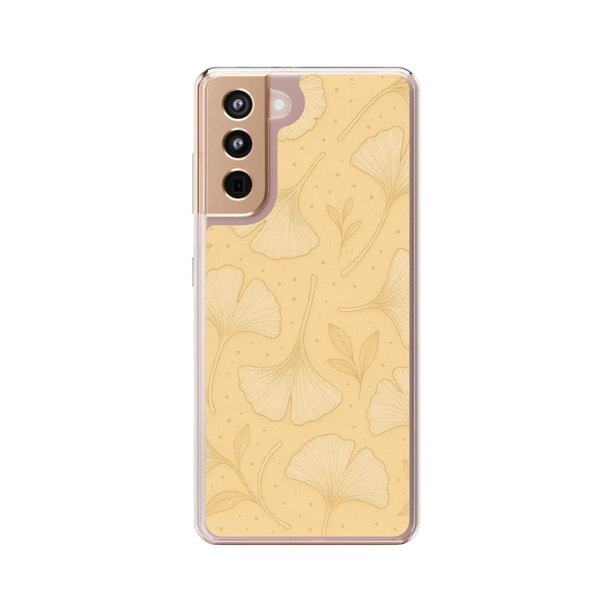 Tan ginkgo floral phone case back view with three-lens camera cutout, rose-tinted frame