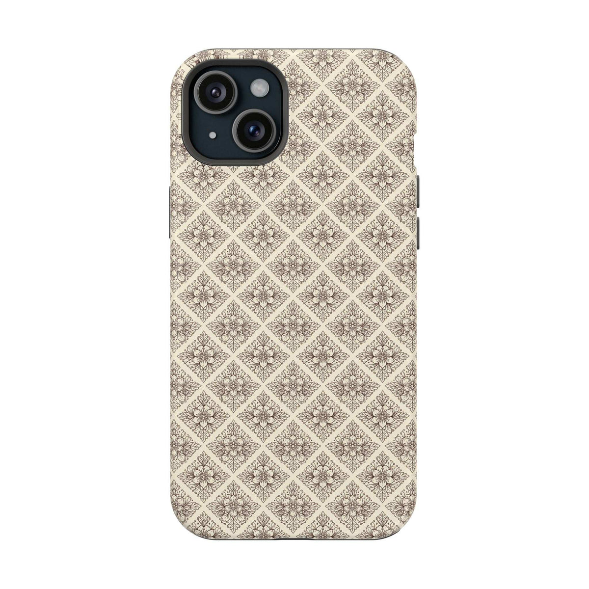 Ornate phone case for iPhone 13-17, cream patterned back with corner camera openings