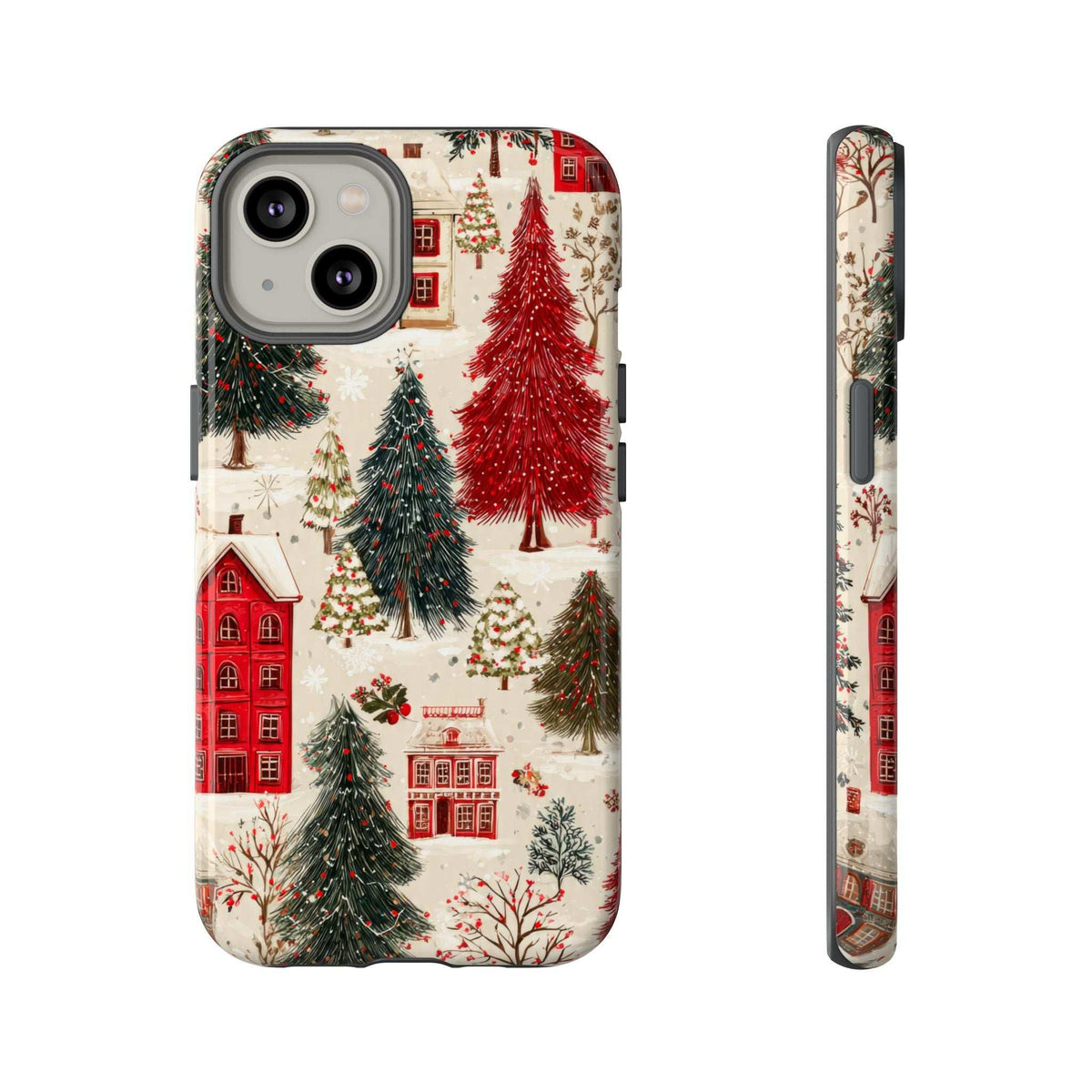 Winter village phone case with red building, evergreen trees, and camera cutout on case