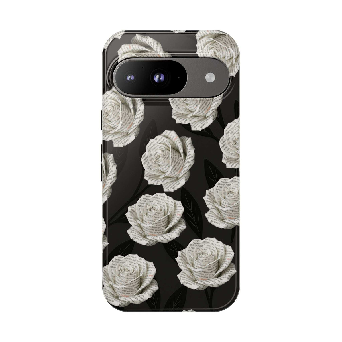 Phone case with black background and white rose pattern; dual-lens camera cutout across the top.