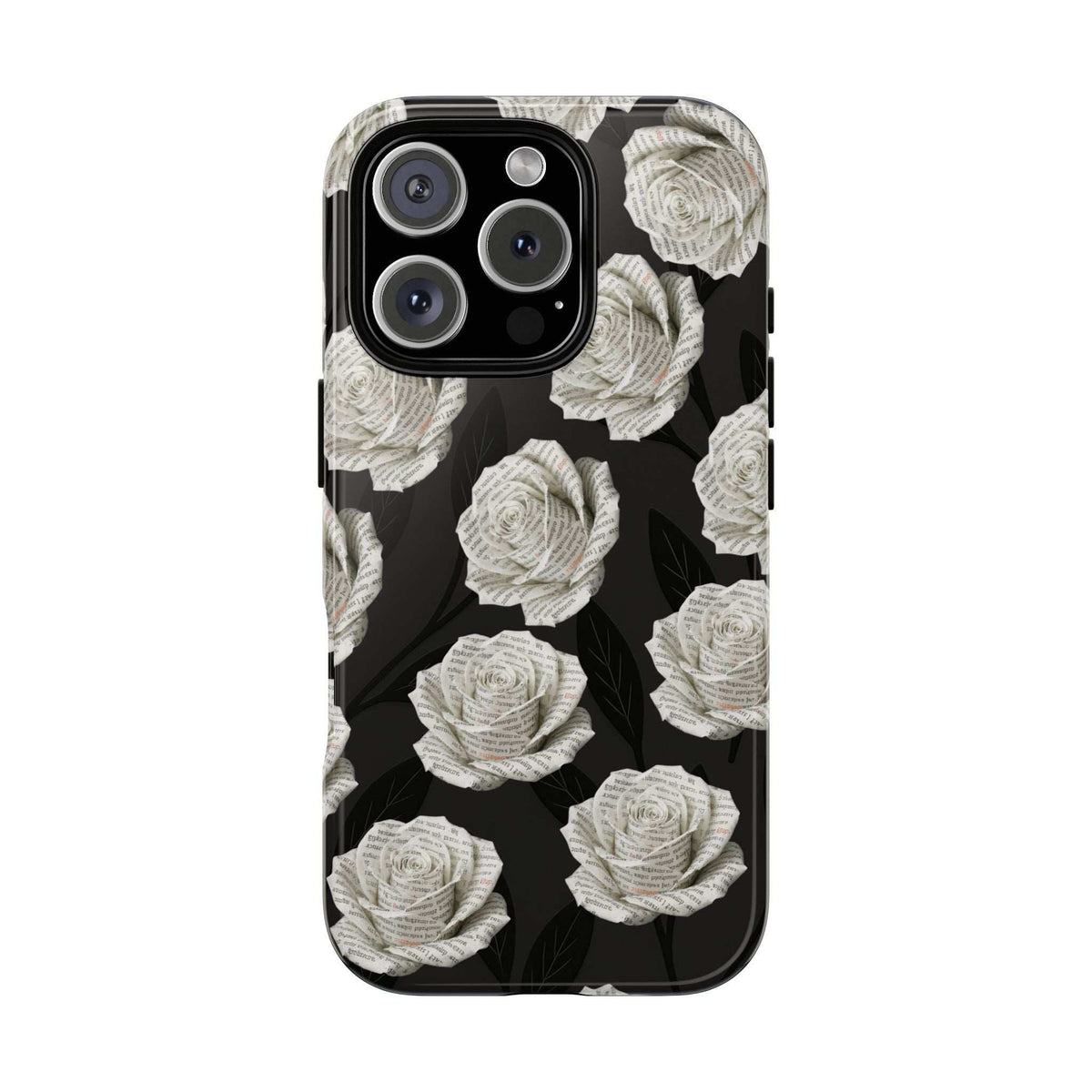 Phone case back with black base and white rose pattern, triple camera lenses on top-left.