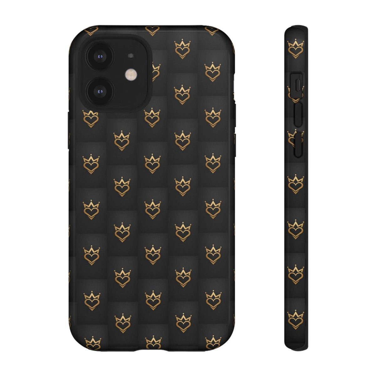 Black phone case with gold crown and heart doodles, back view and side strip