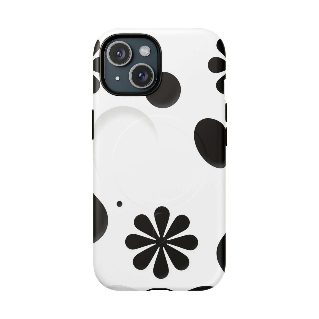 White phone case with black flower and dot pattern, open camera cutout
