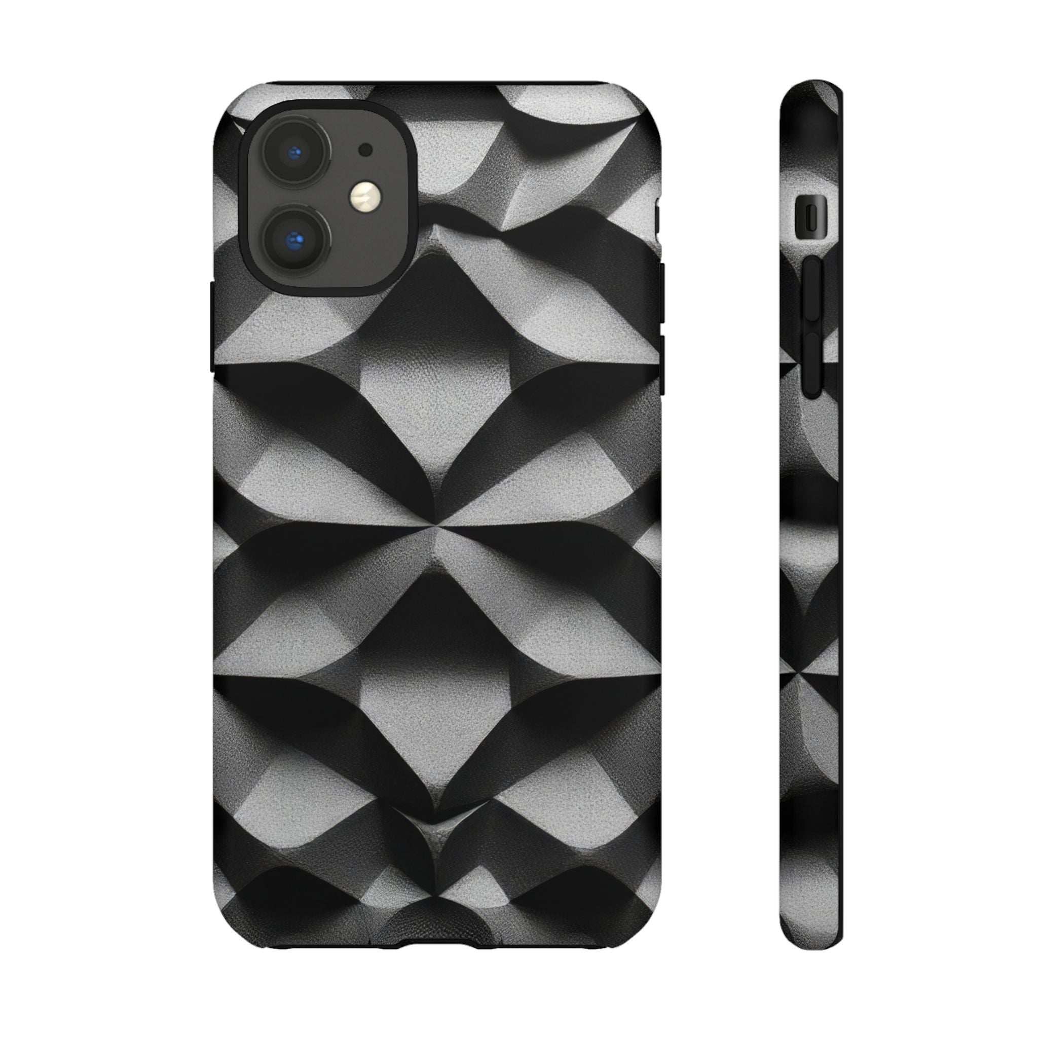 Tough phone case with black and silver geometric diamond pattern, slim side profile