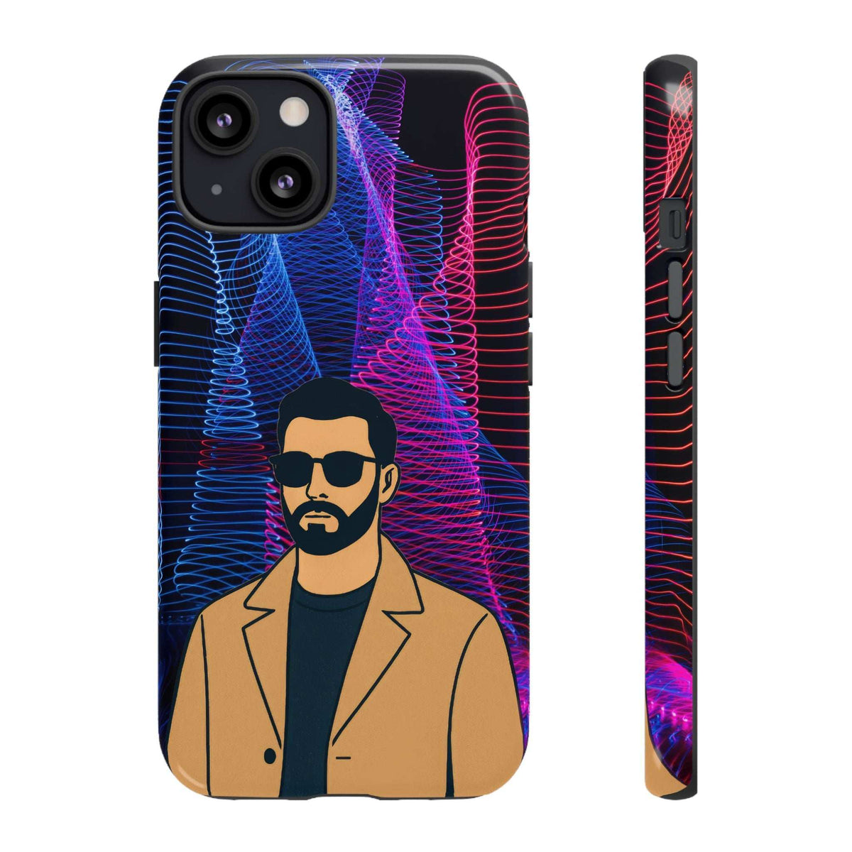 Glossy phone case with bearded man illustration in neon blue and pink line patterns