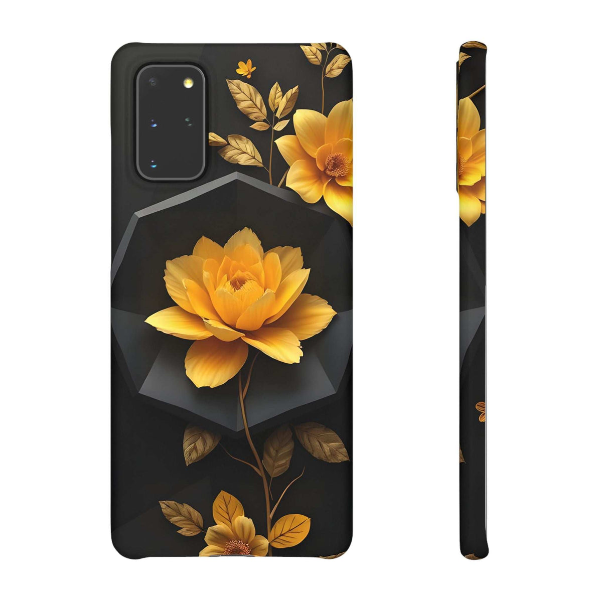 Black phone case with yellow flower and leaves, slim side profile visible