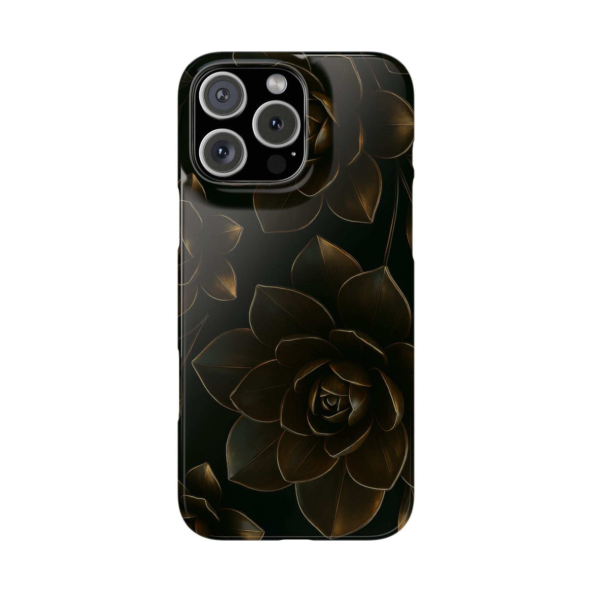 Glossy metal flower phone case with dark base and gold rose artwork, camera cutouts