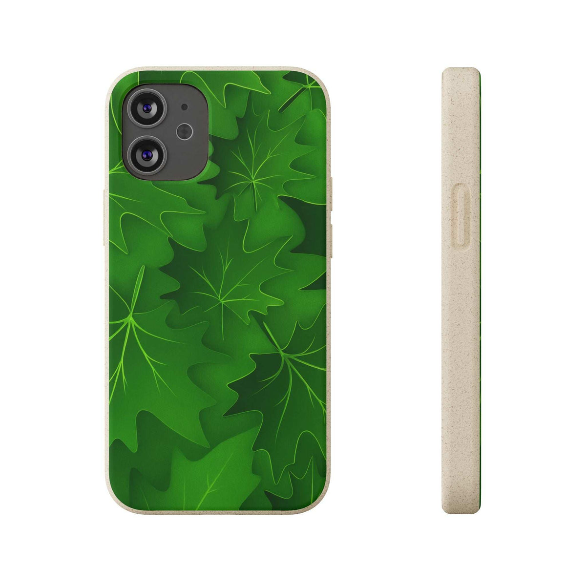Phone case with green botanical leaf pattern and camera cutouts, plus side profile