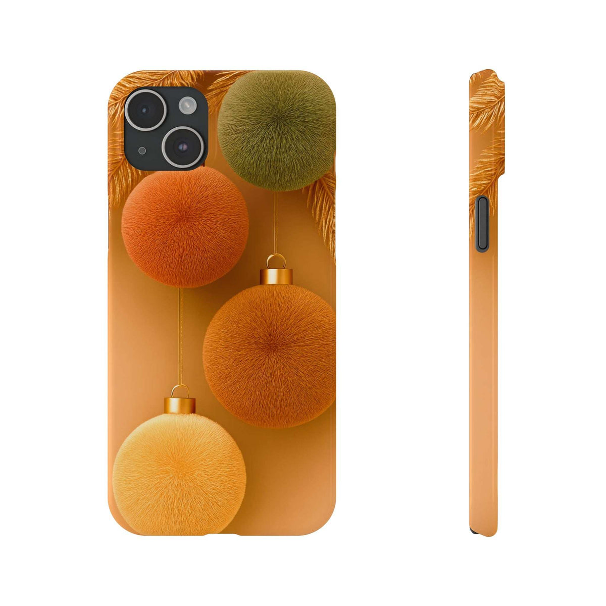 Phone case for iPhone 11-17 featuring fuzzy pom-pom ornaments in orange and green