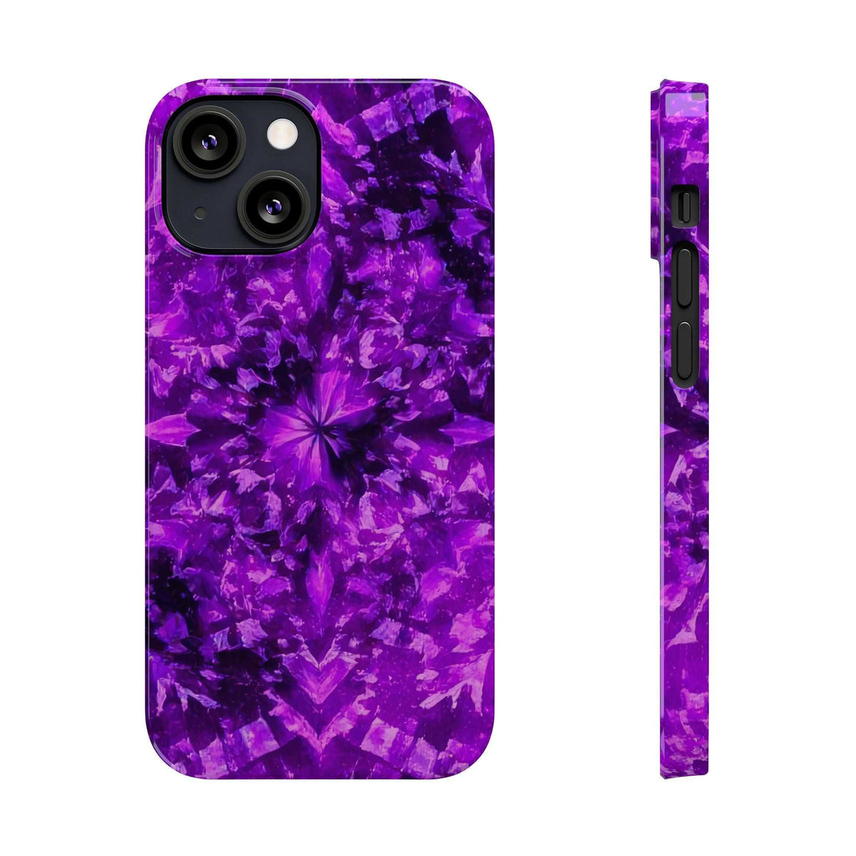 Purple kaleidoscope phone case with starburst floral pattern and camera cutouts; side view