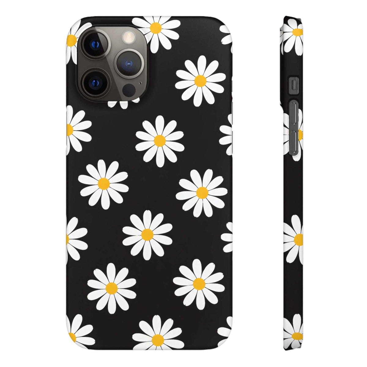 Black phone case front and side view showing white daisies with yellow centers and camera cutouts.