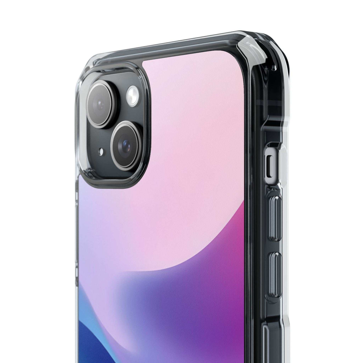 Pastel wave phone case angled view with transparent black bumper and port buttons