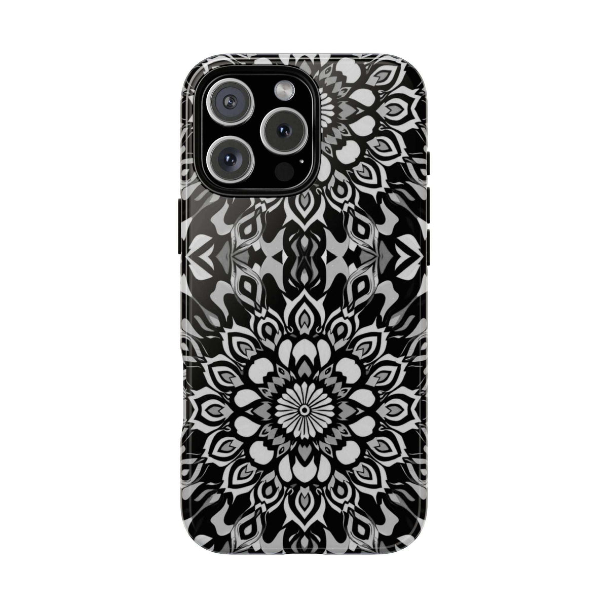 Black phone case with crisp white mandala artwork and protective bumper around edges