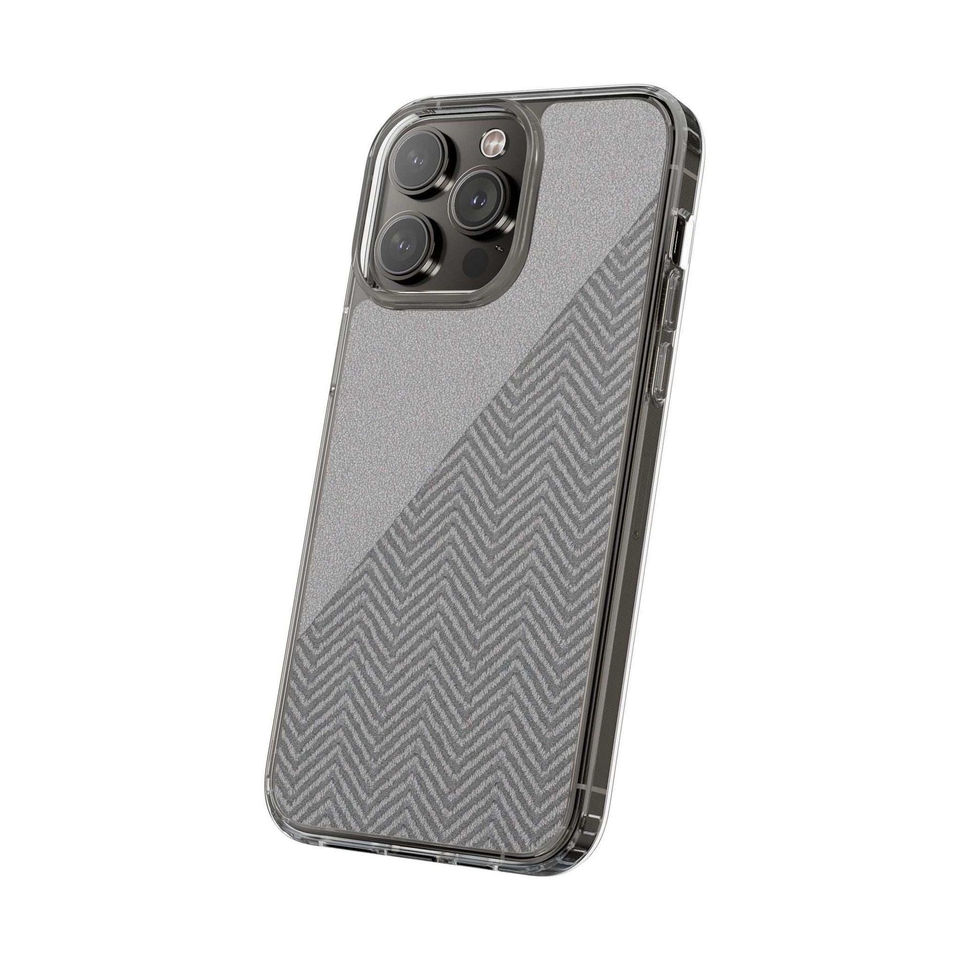 Dark herringbone tough phone case, clear bumper and camera opening detail