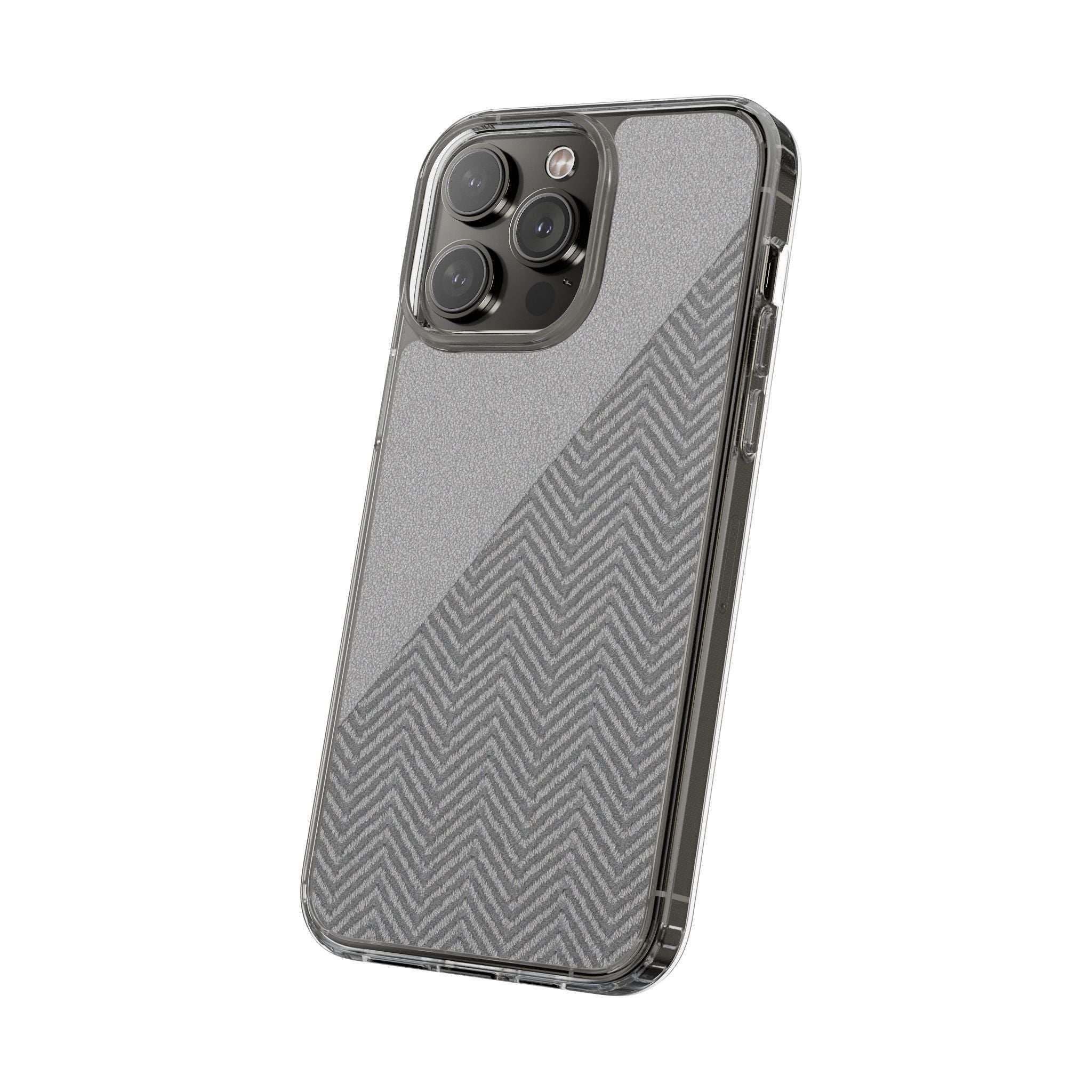 Dark herringbone tough phone case, clear bumper and camera opening detail