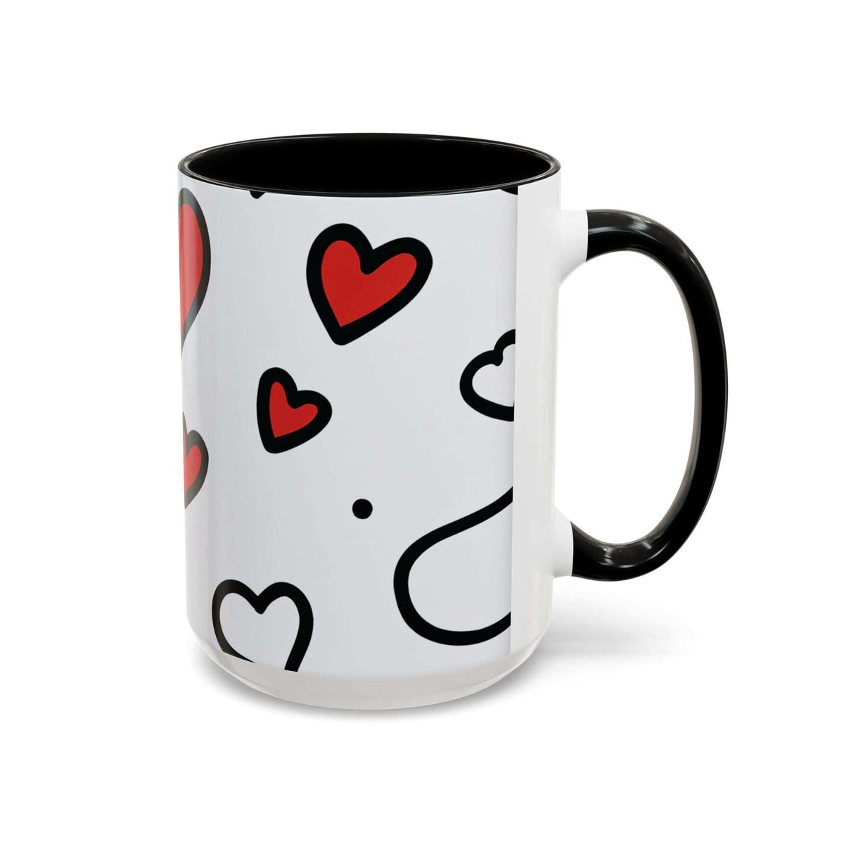 Accent coffee mug with black interior and handle, white body, red and black heart pattern.