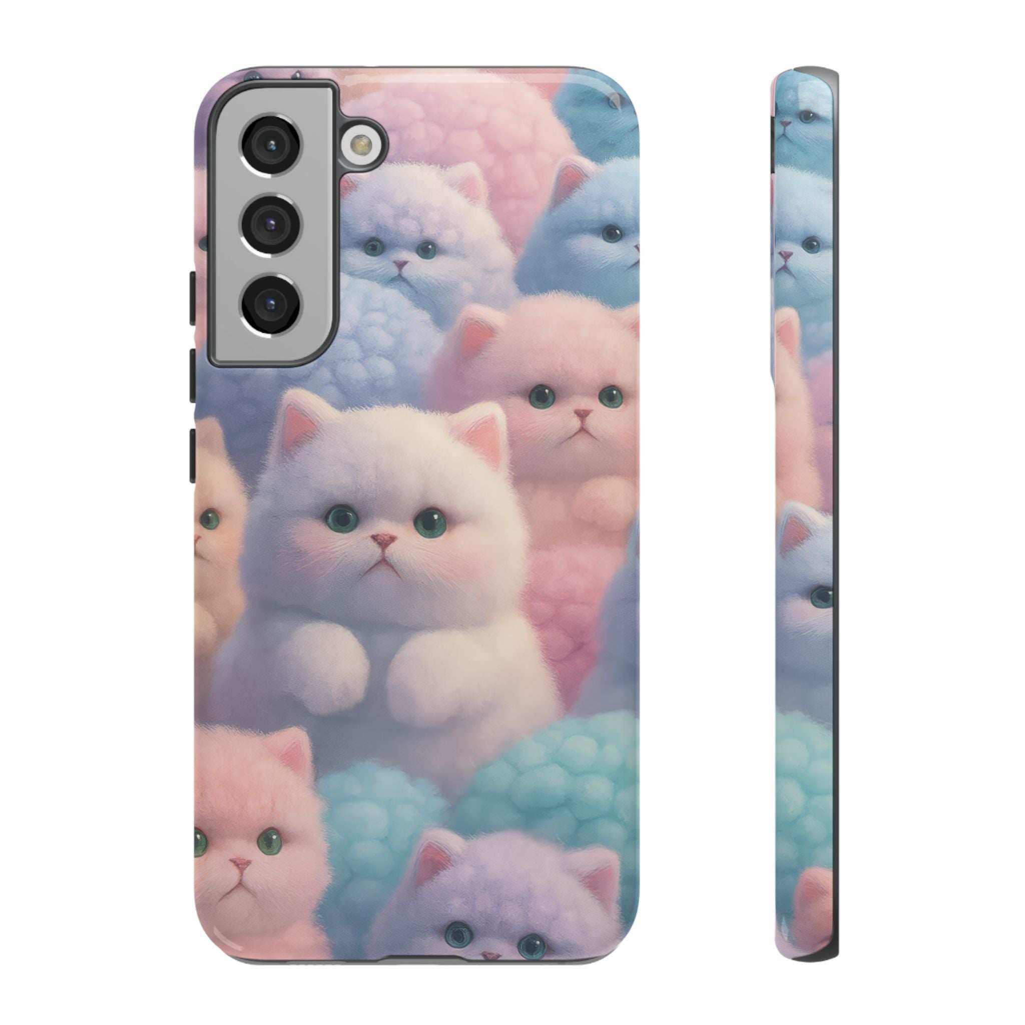 Pastel kitten phone case with cute cat faces, glossy finish, camera cutouts