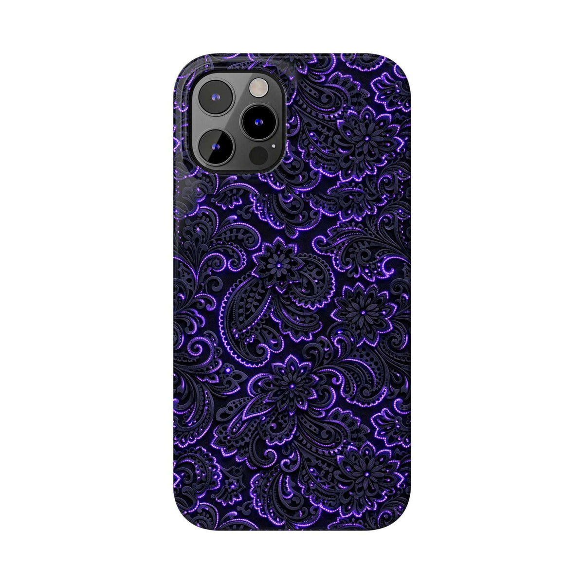 Neon purple paisley phone case with gray camera cutout and flash window