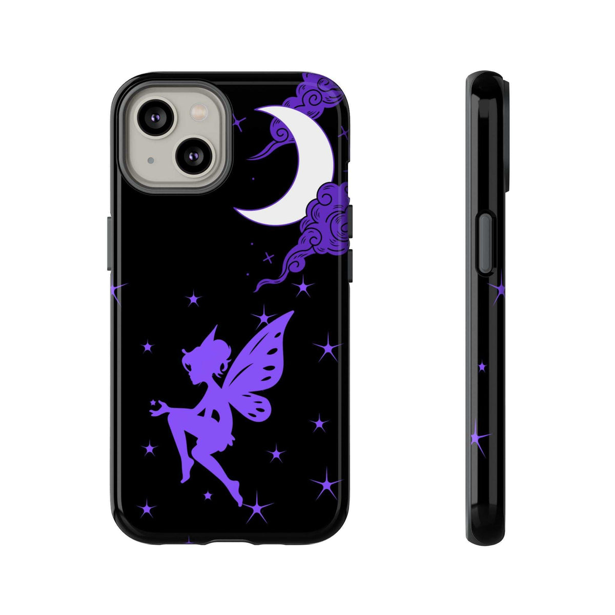 Black phone case with purple crescent moon and fairy; camera opening and raised side profile
