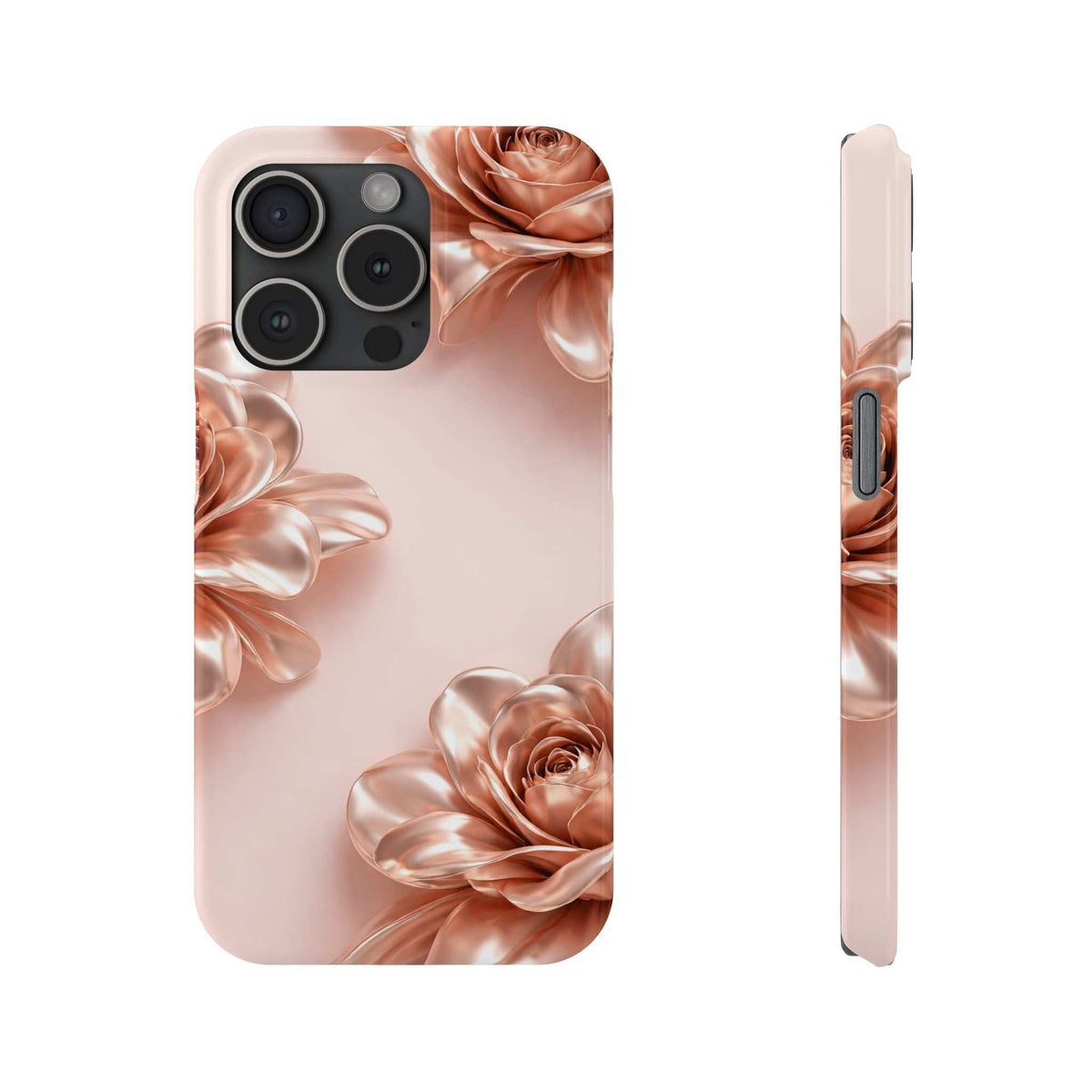 Blush pink phone case with metallic rose flowers and camera module cutouts