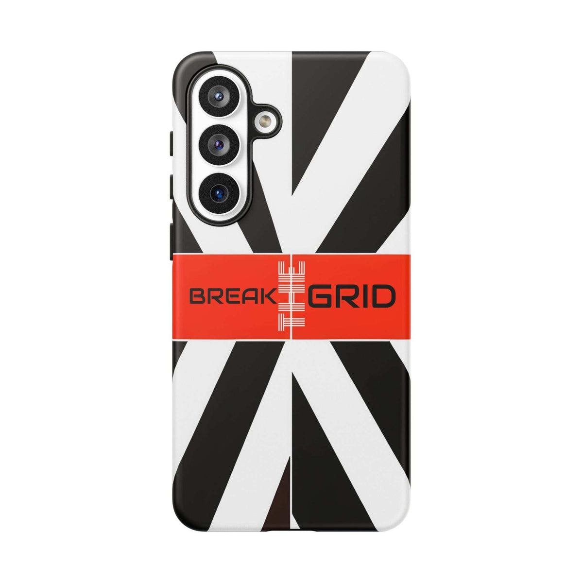 Phone case with black-and-white graphic, red band, and BREAK GRID text; triple camera cutouts