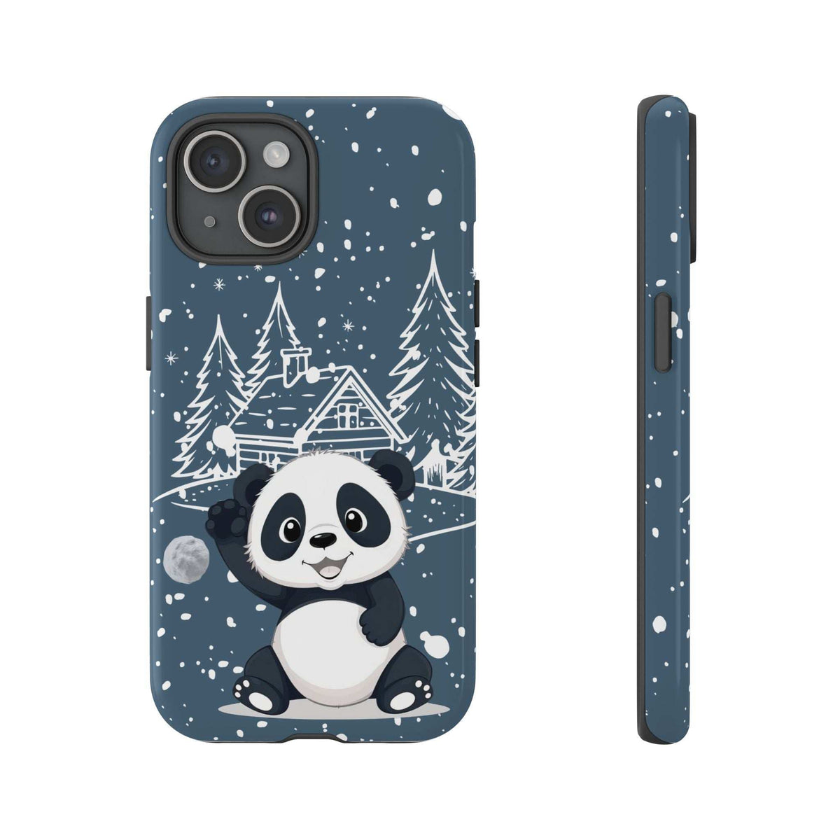 Dark blue panda winter phone case front view with snowy trees and small cottage