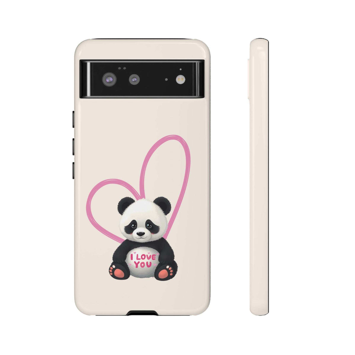 Cream phone case with cute panda holding pink heart on the back