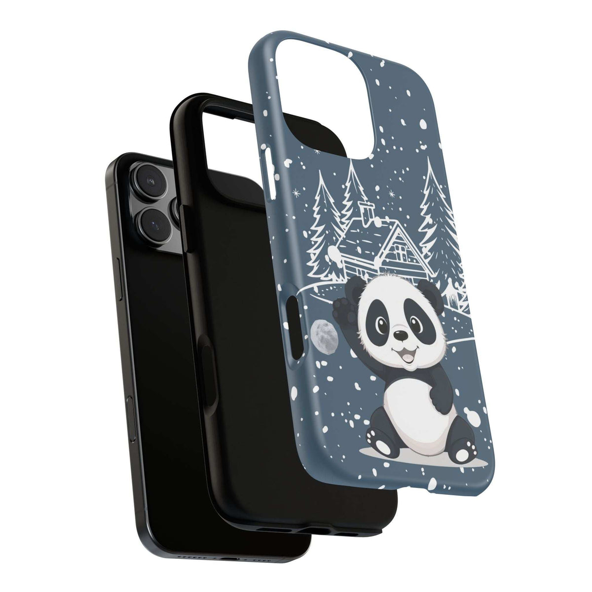 Side view of blue panda phone case with winter trees and snow dots; camera cutout visible.
