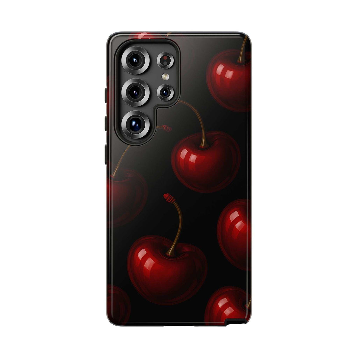 Glossy red cherry phone case on black, multiple camera cutouts and side buttons