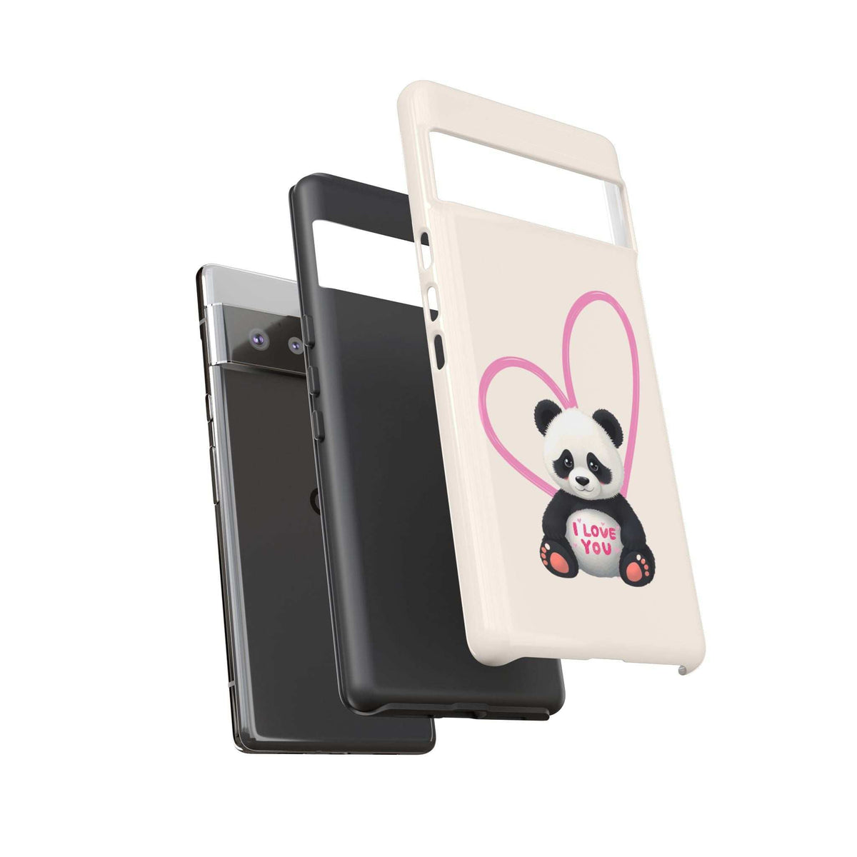 Beige phone case with panda in pink heart design, shown from back with cutouts