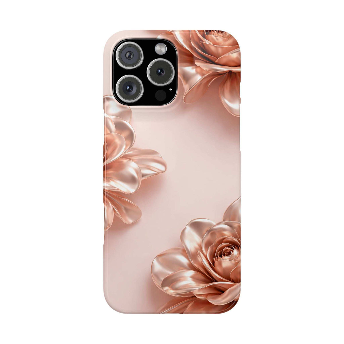 Blush pink phone case featuring metallic rose blooms along the corners.