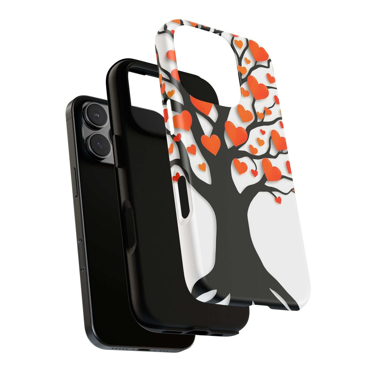 Heart tree phone case, white background with orange hearts and black branches; side cutout