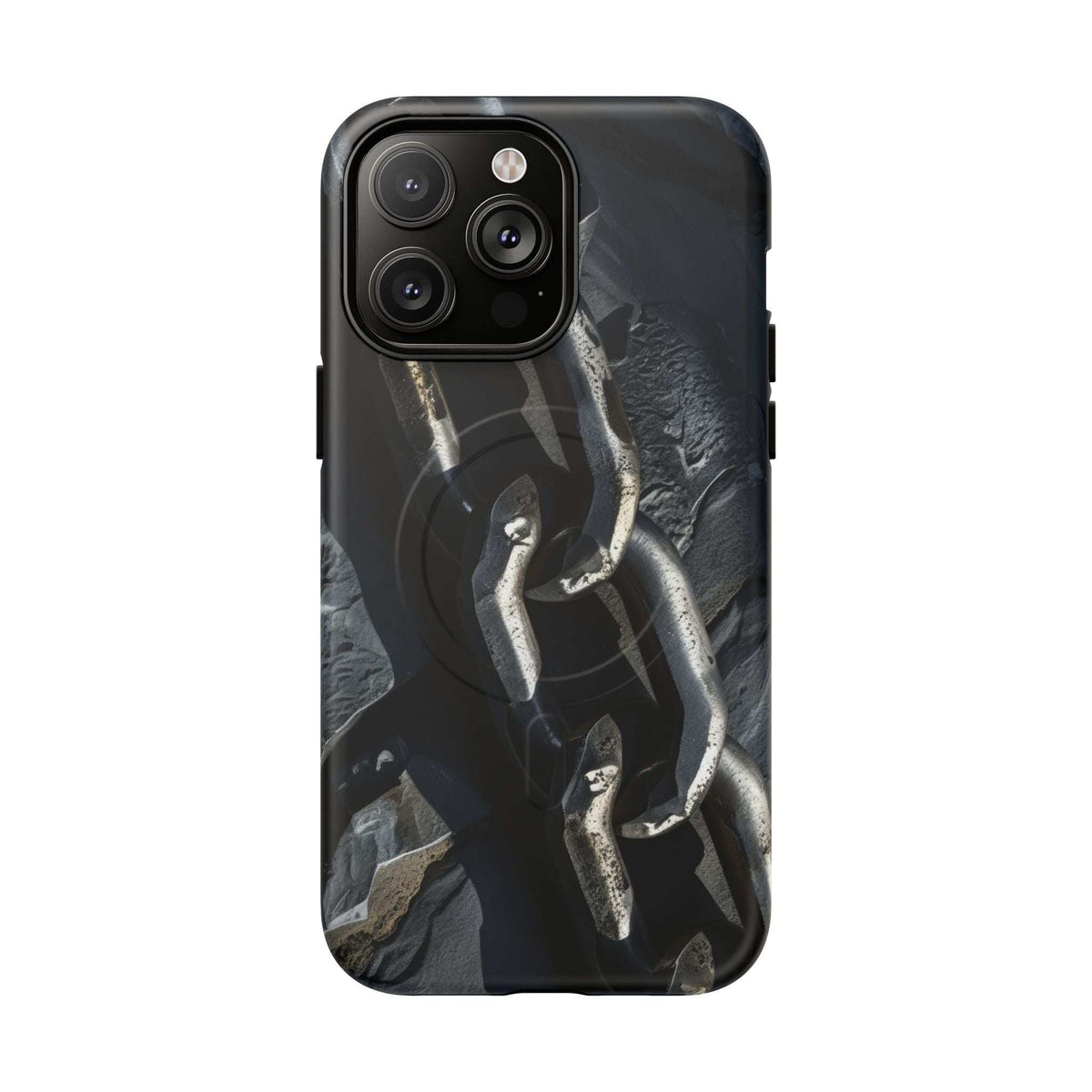 Black hard magnetic phone case with iron chain print and precise camera openings